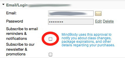 MindBody notifications setting
